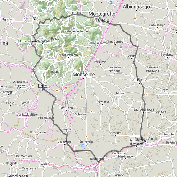 Miniaturekort af cykelinspirationen "Landevejsrute til Monte Cinto og Bagnoli di Sopra" i Veneto, Italy. Genereret af Tarmacs.app cykelruteplanlægger