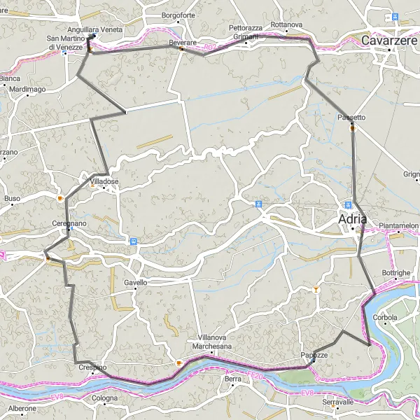 Karttaminiaatyyri "Anguillara Veneta - Pettorazza Grimani - Adria - Berra - Crespino - Villadose" pyöräilyinspiraatiosta alueella Veneto, Italy. Luotu Tarmacs.app pyöräilyreittisuunnittelijalla