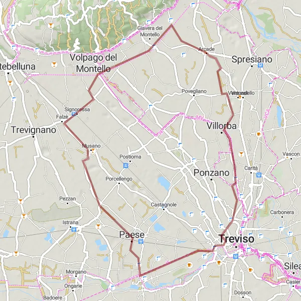 Miniatua del mapa de inspiración ciclista "Ruta por Villorba y Musano" en Veneto, Italy. Generado por Tarmacs.app planificador de rutas ciclistas