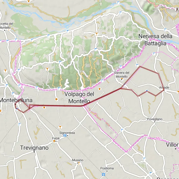 Zemljevid v pomanjšavi "Gravel avantura: Montello in okolica" kolesarske inspiracije v Veneto, Italy. Generirano z načrtovalcem kolesarskih poti Tarmacs.app
