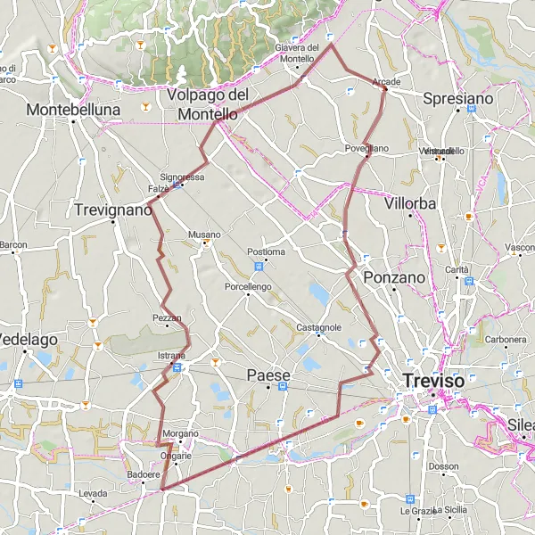 Miniaturní mapa "Gravel route through Santandrà, Quinto di Treviso, Istrana and Giavera del Montello" inspirace pro cyklisty v oblasti Veneto, Italy. Vytvořeno pomocí plánovače tras Tarmacs.app