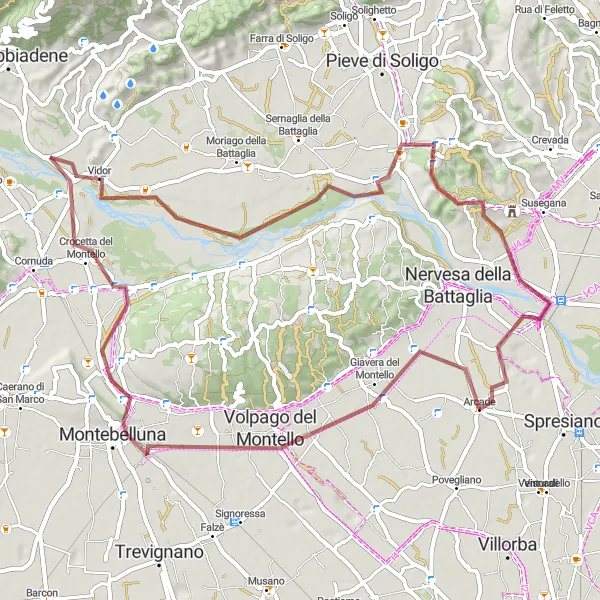 Miniatua del mapa de inspiración ciclista "Ruta por Grava alrededor de Arcade" en Veneto, Italy. Generado por Tarmacs.app planificador de rutas ciclistas