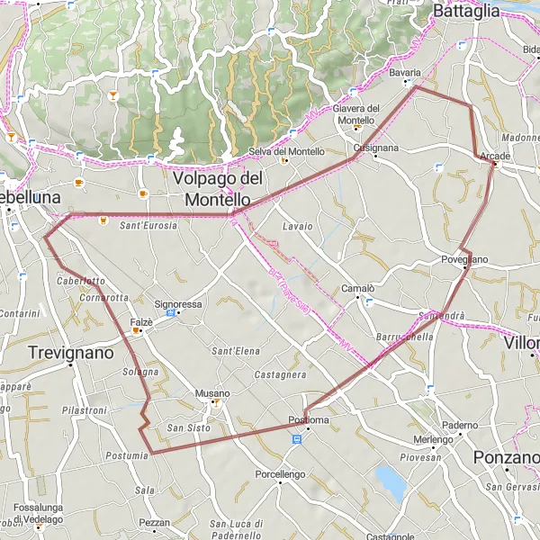 Miniatua del mapa de inspiración ciclista "Ruta por Montello y Santandrà" en Veneto, Italy. Generado por Tarmacs.app planificador de rutas ciclistas