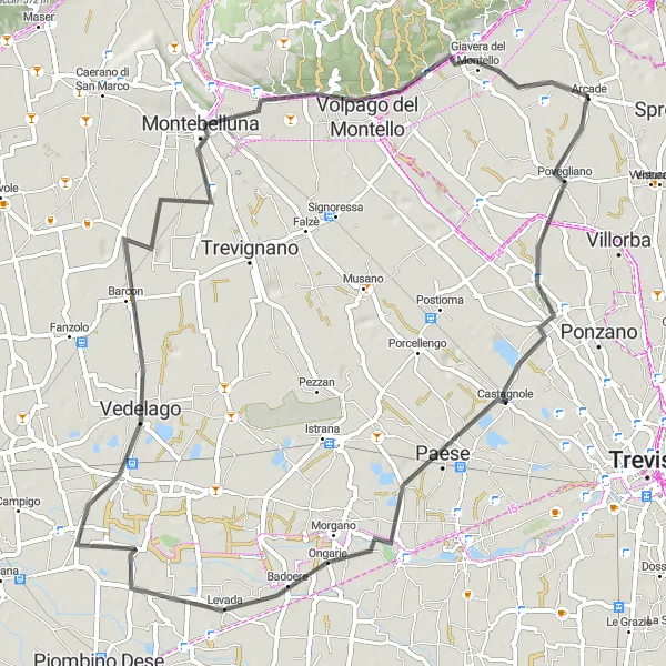 Miniaturní mapa "Road route through Povegliano, Paese, Vedelago, Montebelluna and Volpago del Montello" inspirace pro cyklisty v oblasti Veneto, Italy. Vytvořeno pomocí plánovače tras Tarmacs.app