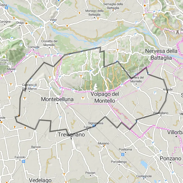 Miniatua del mapa de inspiración ciclista "Ruta de Ciclismo de Carretera por Montello" en Veneto, Italy. Generado por Tarmacs.app planificador de rutas ciclistas