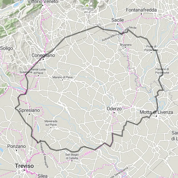 Mapa miniatúra "Road okruh cez Conegliano" cyklistická inšpirácia v Veneto, Italy. Vygenerované cyklistickým plánovačom trás Tarmacs.app