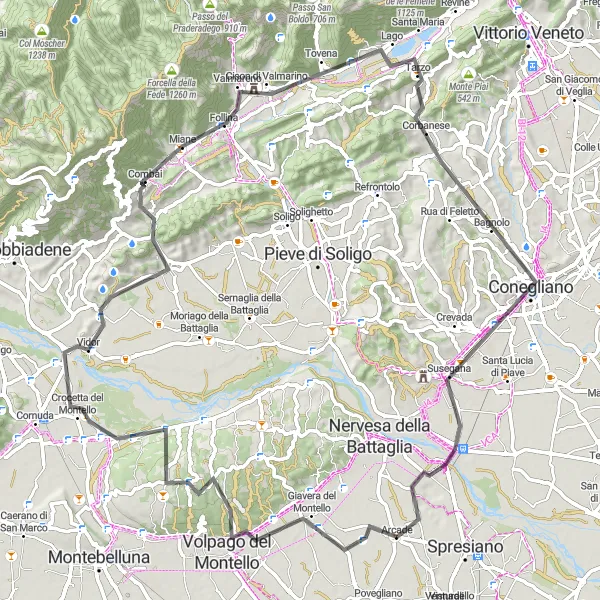 Miniatura della mappa di ispirazione al ciclismo "Giro in bicicletta da Arcade a Conegliano" nella regione di Veneto, Italy. Generata da Tarmacs.app, pianificatore di rotte ciclistiche