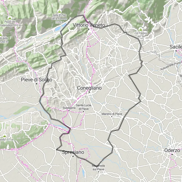 Miniatua del mapa de inspiración ciclista "Desafío en carretera a través de Vittorio Veneto, Orsago y más" en Veneto, Italy. Generado por Tarmacs.app planificador de rutas ciclistas