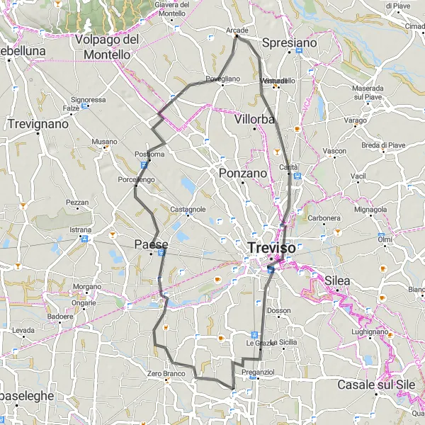 Kartminiatyr av "Rundtur til Fontane Chiesa Vecchia" sykkelinspirasjon i Veneto, Italy. Generert av Tarmacs.app sykkelrutoplanlegger