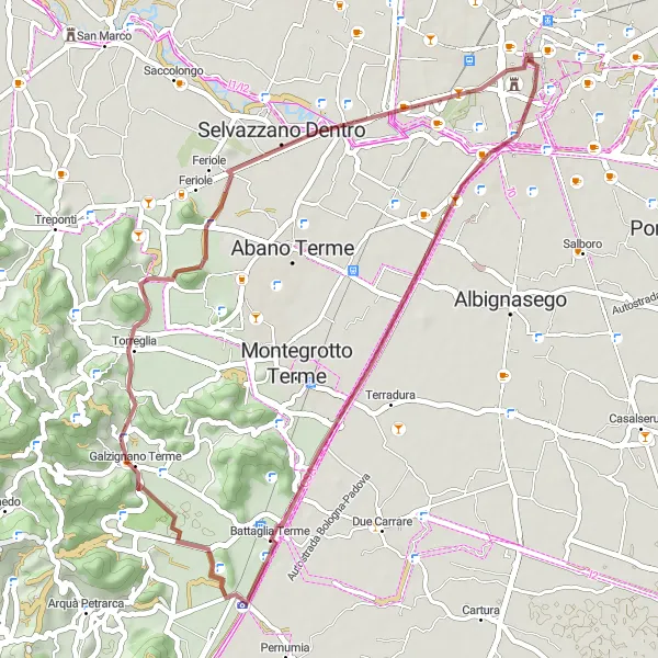 Kartminiatyr av "Grusvei sykkeltur fra Arcella" sykkelinspirasjon i Veneto, Italy. Generert av Tarmacs.app sykkelrutoplanlegger