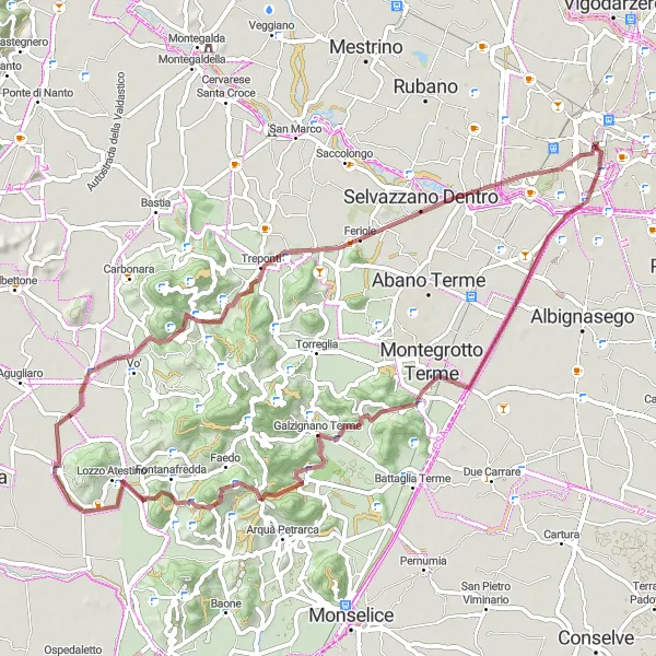 Miniature de la carte de l'inspiration cycliste "Parcours de Gravel Montagnard de Monte Castellone" dans la Veneto, Italy. Générée par le planificateur d'itinéraire cycliste Tarmacs.app