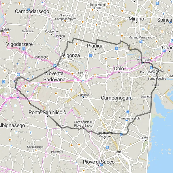 Zemljevid v pomanjšavi "Uživaška kolesarska tura" kolesarske inspiracije v Veneto, Italy. Generirano z načrtovalcem kolesarskih poti Tarmacs.app