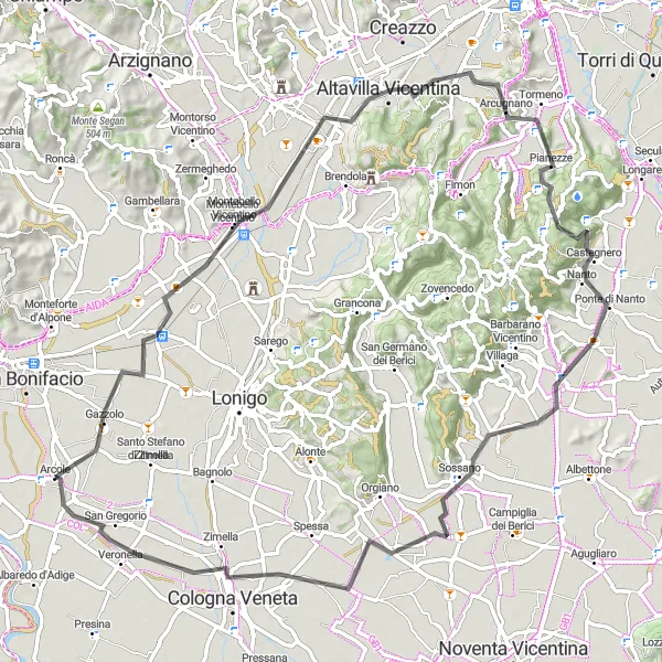 Map miniature of "Montebello Vicentino Loop" cycling inspiration in Veneto, Italy. Generated by Tarmacs.app cycling route planner