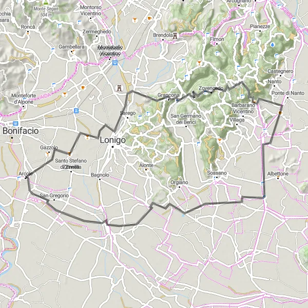 Miniature de la carte de l'inspiration cycliste "La boucle de Monte Mason" dans la Veneto, Italy. Générée par le planificateur d'itinéraire cycliste Tarmacs.app
