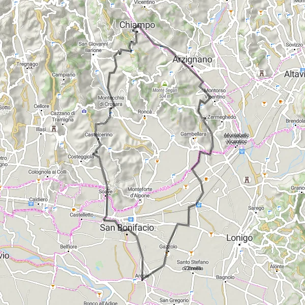 Map miniature of "The Challenging Mountain Ride" cycling inspiration in Veneto, Italy. Generated by Tarmacs.app cycling route planner
