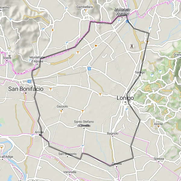 Miniature de la carte de l'inspiration cycliste "La Route des Villages Historiques" dans la Veneto, Italy. Générée par le planificateur d'itinéraire cycliste Tarmacs.app