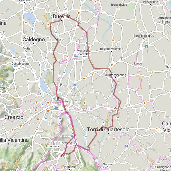Miniaturní mapa "Gravel Route to Torri di Quartesolo" inspirace pro cyklisty v oblasti Veneto, Italy. Vytvořeno pomocí plánovače tras Tarmacs.app