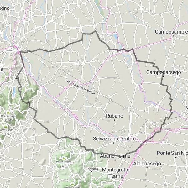Miniatua del mapa de inspiración ciclista "Ruta de 102 km en carretera cerca de Arcugnano-Torri" en Veneto, Italy. Generado por Tarmacs.app planificador de rutas ciclistas
