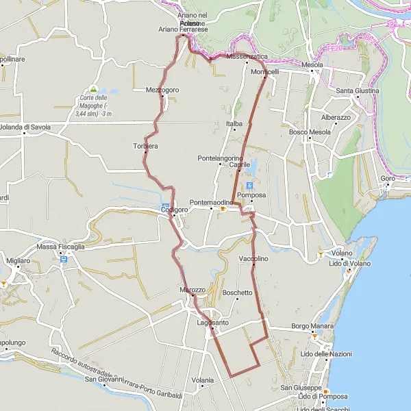 Map miniature of "Discovering Ariano nel Polesine and Mezzogoro" cycling inspiration in Veneto, Italy. Generated by Tarmacs.app cycling route planner