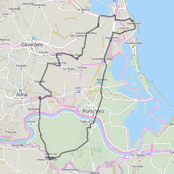 Map miniature of "Road Cycling to Porto Viro and Torre delle Bebbe" cycling inspiration in Veneto, Italy. Generated by Tarmacs.app cycling route planner