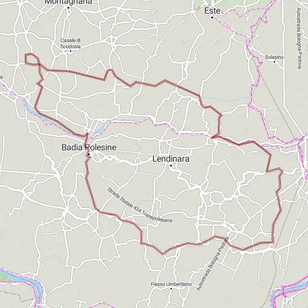 Miniatura mapy "Trasa Gravel przez Frassinelle Polesine i Sant'Urbano" - trasy rowerowej w Veneto, Italy. Wygenerowane przez planer tras rowerowych Tarmacs.app