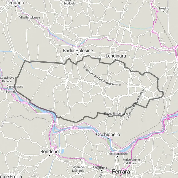 Miniatua del mapa de inspiración ciclista "Ruta en Carretera por Frassinelle Polesine y más" en Veneto, Italy. Generado por Tarmacs.app planificador de rutas ciclistas