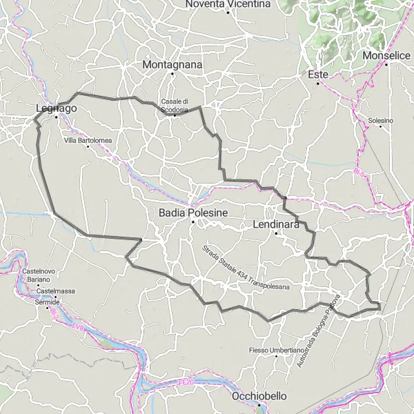 Map miniature of "Arquà Polesine - Frassinelle Polesine Loop" cycling inspiration in Veneto, Italy. Generated by Tarmacs.app cycling route planner