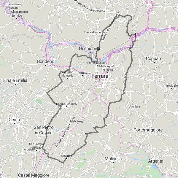 Miniatua del mapa de inspiración ciclista "Ruta en Carretera por Polesella y más" en Veneto, Italy. Generado por Tarmacs.app planificador de rutas ciclistas