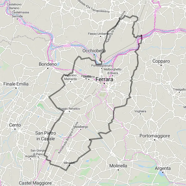 Map miniature of "Arquà Polesine - Polesella loop" cycling inspiration in Veneto, Italy. Generated by Tarmacs.app cycling route planner