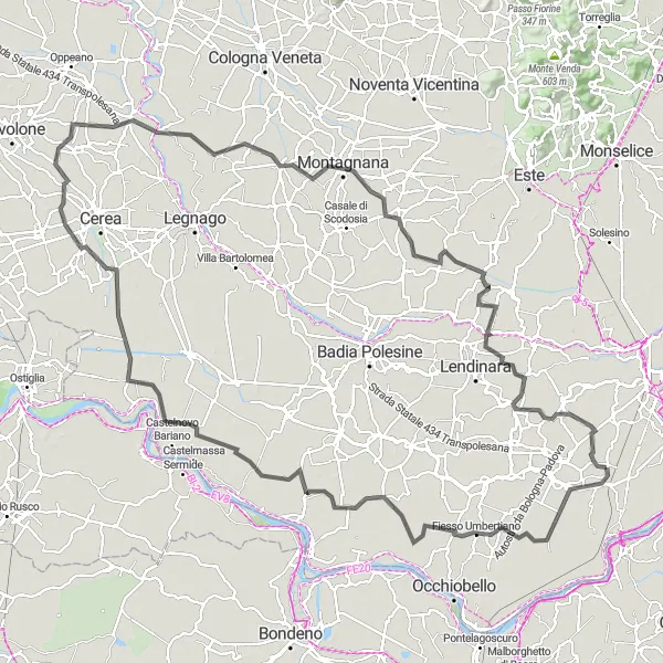 Miniatua del mapa de inspiración ciclista "Ruta de ciclismo en carretera de 154 km cerca de Arquà Polesine" en Veneto, Italy. Generado por Tarmacs.app planificador de rutas ciclistas
