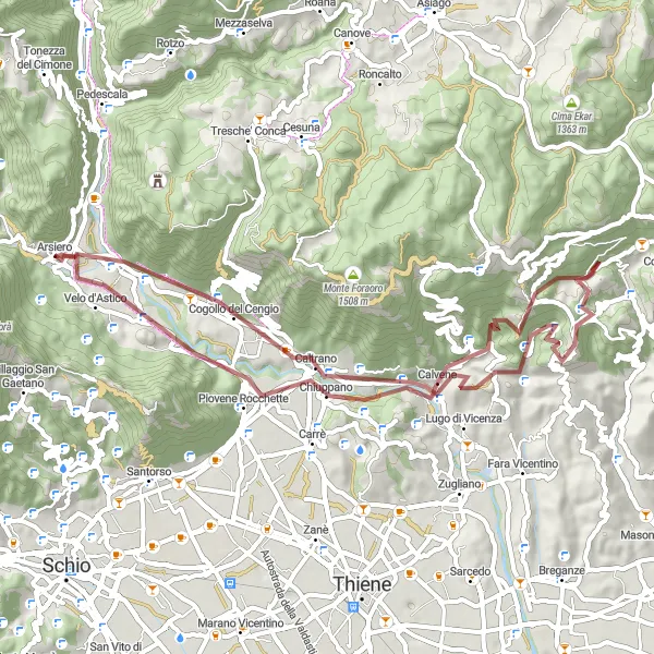 Miniatuurkaart van de fietsinspiratie "Gravelroute rond Arsiero" in Veneto, Italy. Gemaakt door de Tarmacs.app fietsrouteplanner