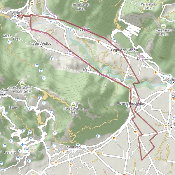 Mapa miniatúra "Gravel Arsiero - Eremo di Meda" cyklistická inšpirácia v Veneto, Italy. Vygenerované cyklistickým plánovačom trás Tarmacs.app