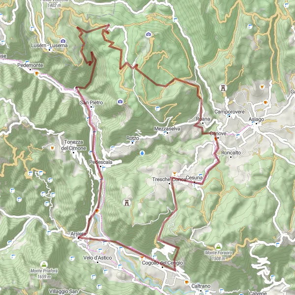 Miniatua del mapa de inspiración ciclista "Ruta de ciclismo de grava de San Pietro a Cogollo del Cengio" en Veneto, Italy. Generado por Tarmacs.app planificador de rutas ciclistas