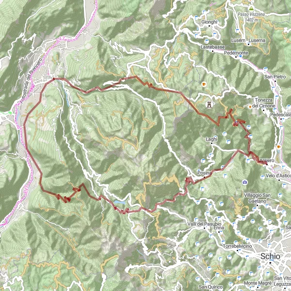 Mapa miniatúra "Gravel Arsiero - Monte Tormeno" cyklistická inšpirácia v Veneto, Italy. Vygenerované cyklistickým plánovačom trás Tarmacs.app