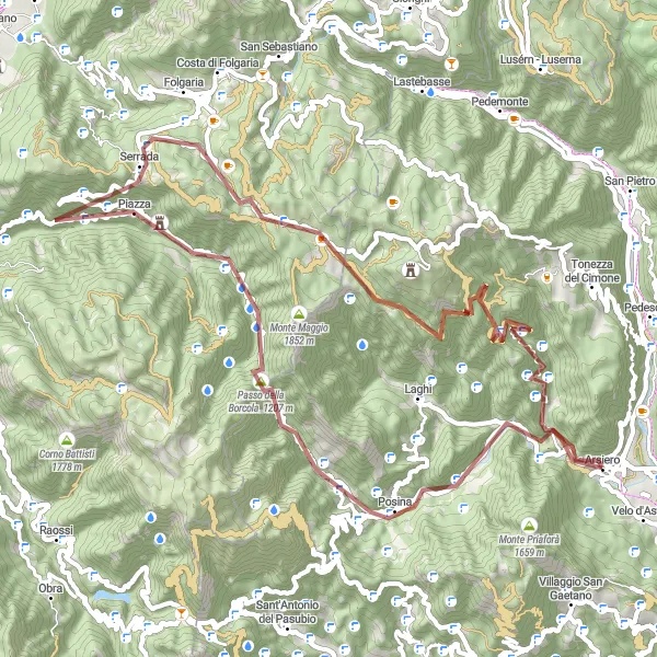 Map miniature of "Gravel Route to Posina" cycling inspiration in Veneto, Italy. Generated by Tarmacs.app cycling route planner