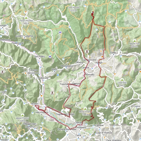 Miniature de la carte de l'inspiration cycliste "Monte Croce et Monte Lemerle" dans la Veneto, Italy. Générée par le planificateur d'itinéraire cycliste Tarmacs.app