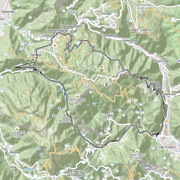Map miniature of "Posina Circuit" cycling inspiration in Veneto, Italy. Generated by Tarmacs.app cycling route planner
