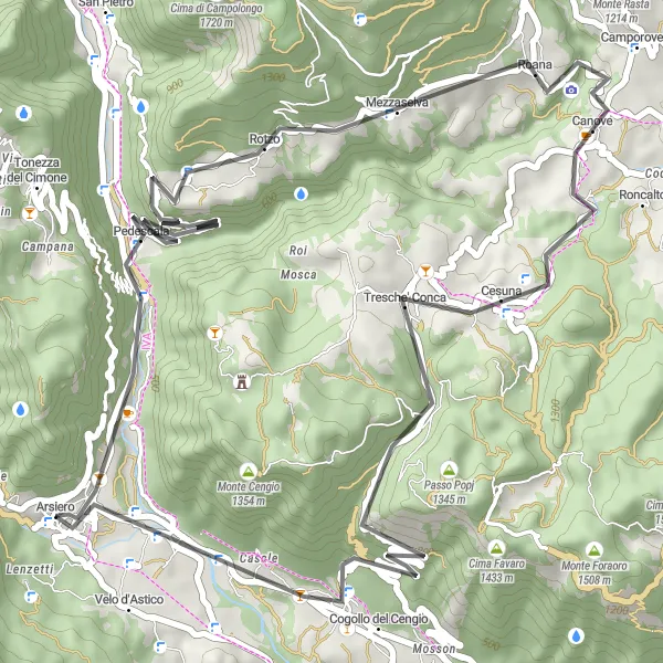 Miniatura della mappa di ispirazione al ciclismo "Circuito pittoresco nei dintorni di Arsiero" nella regione di Veneto, Italy. Generata da Tarmacs.app, pianificatore di rotte ciclistiche