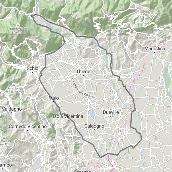 Miniatua del mapa de inspiración ciclista "Ruta de Carretera Monte Grumo Alto-San Vito di Leguzzano" en Veneto, Italy. Generado por Tarmacs.app planificador de rutas ciclistas