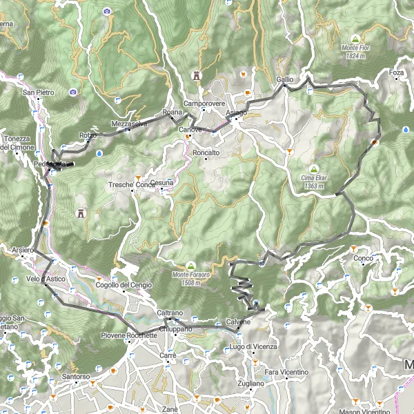Miniatua del mapa de inspiración ciclista "Ruta de ciclismo de carretera de Arsiero a Eremo di Meda" en Veneto, Italy. Generado por Tarmacs.app planificador de rutas ciclistas