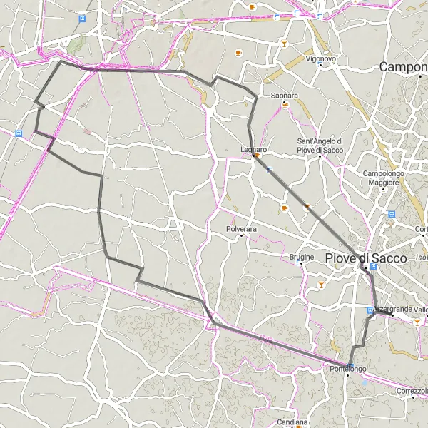 Miniaturní mapa "Cyklistická trasa Pontelongo - Arzergrande" inspirace pro cyklisty v oblasti Veneto, Italy. Vytvořeno pomocí plánovače tras Tarmacs.app