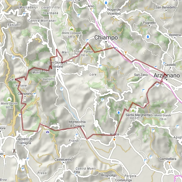 Map miniature of "Gravel Adventure in the Hills" cycling inspiration in Veneto, Italy. Generated by Tarmacs.app cycling route planner