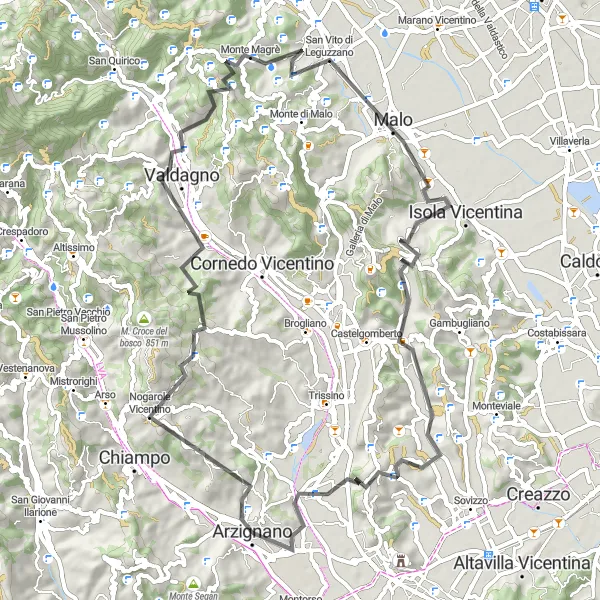 Map miniature of "Arzignano - Monte Costi Loop" cycling inspiration in Veneto, Italy. Generated by Tarmacs.app cycling route planner