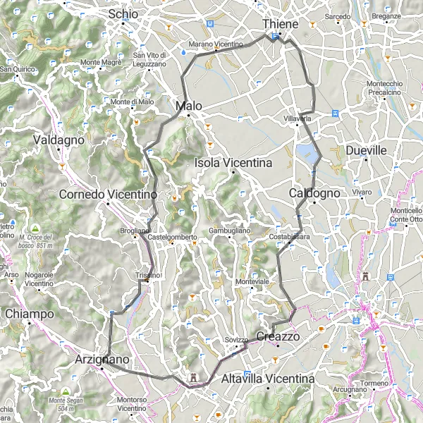 Map miniature of "Arzignano - Montecchio Maggiore Loop" cycling inspiration in Veneto, Italy. Generated by Tarmacs.app cycling route planner