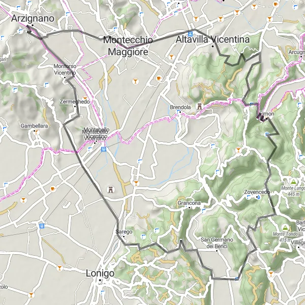 Map miniature of "Arzignano to Arzignano (via Mondeo, Montecchio Maggiore, Monte Castellaro, Panorama, Monte Cocco, Sarego, Montorso Vicentino)" cycling inspiration in Veneto, Italy. Generated by Tarmacs.app cycling route planner