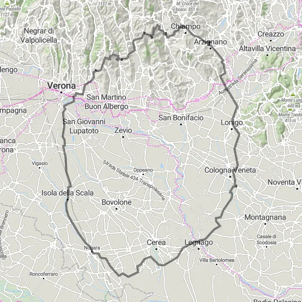 Map miniature of "Legnago and Monte Parnese Explorer" cycling inspiration in Veneto, Italy. Generated by Tarmacs.app cycling route planner
