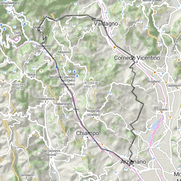 Map miniature of "Monte Parnese Circuit" cycling inspiration in Veneto, Italy. Generated by Tarmacs.app cycling route planner
