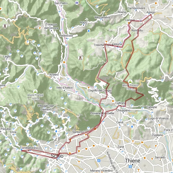 Map miniature of "Gravel Adventure through Canove and Monte Roite" cycling inspiration in Veneto, Italy. Generated by Tarmacs.app cycling route planner