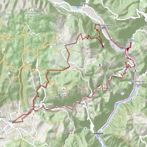Map miniature of "Gravel Adventure around Asiago" cycling inspiration in Veneto, Italy. Generated by Tarmacs.app cycling route planner