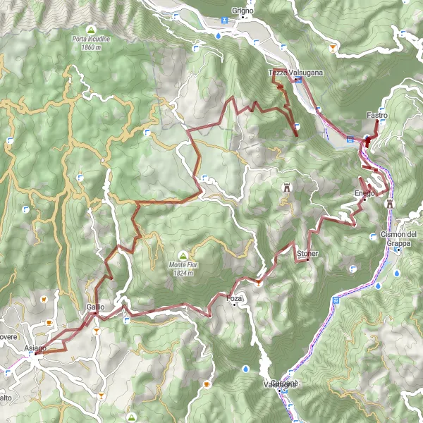 Miniaturní mapa "Cyklotrasa okolo Asiaga - štěrk" inspirace pro cyklisty v oblasti Veneto, Italy. Vytvořeno pomocí plánovače tras Tarmacs.app